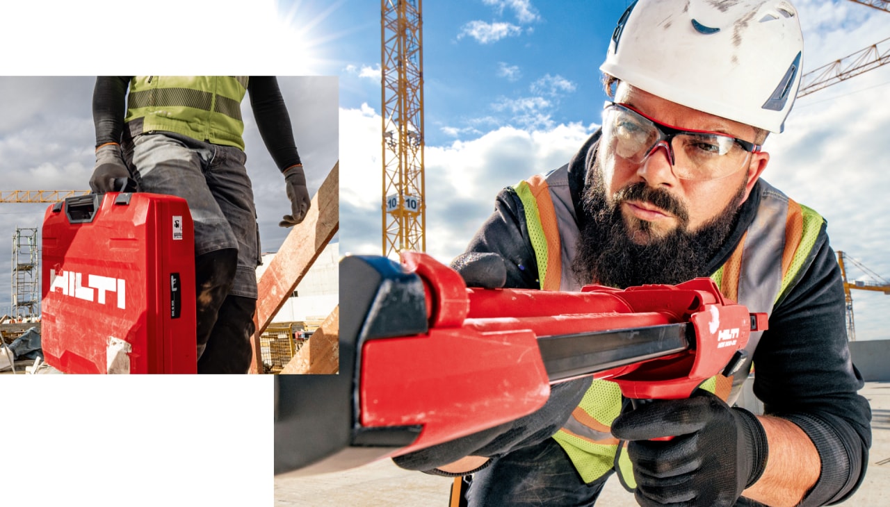 Zwei Bilder: Auf dem ersten ist im Anschnitt ein roter Hilti Werkzeugkoffer zu sehen, auf dem zweiten Bild die Nahaufnahme eines Bauarbeiters in Schutzkleidung mit einem Hilti Auspressgerät.