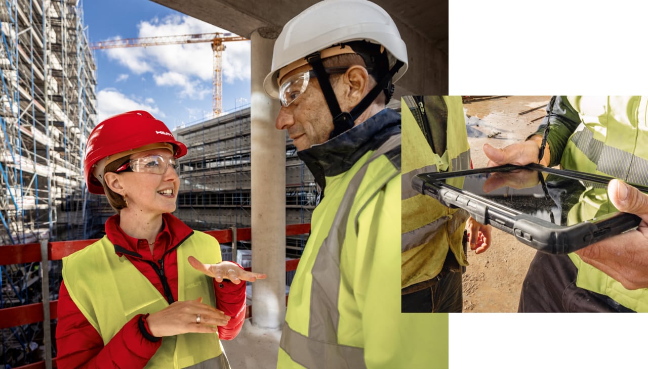 Zwei Bilder: Auf dem ersten ist eine Frau mit rotem Hilti Helm abgebildet, die einem Mann etwas auf der Baustelle erklärt. Das zweite Bild zeigt Hände einer Person, die ein Tablet halten.