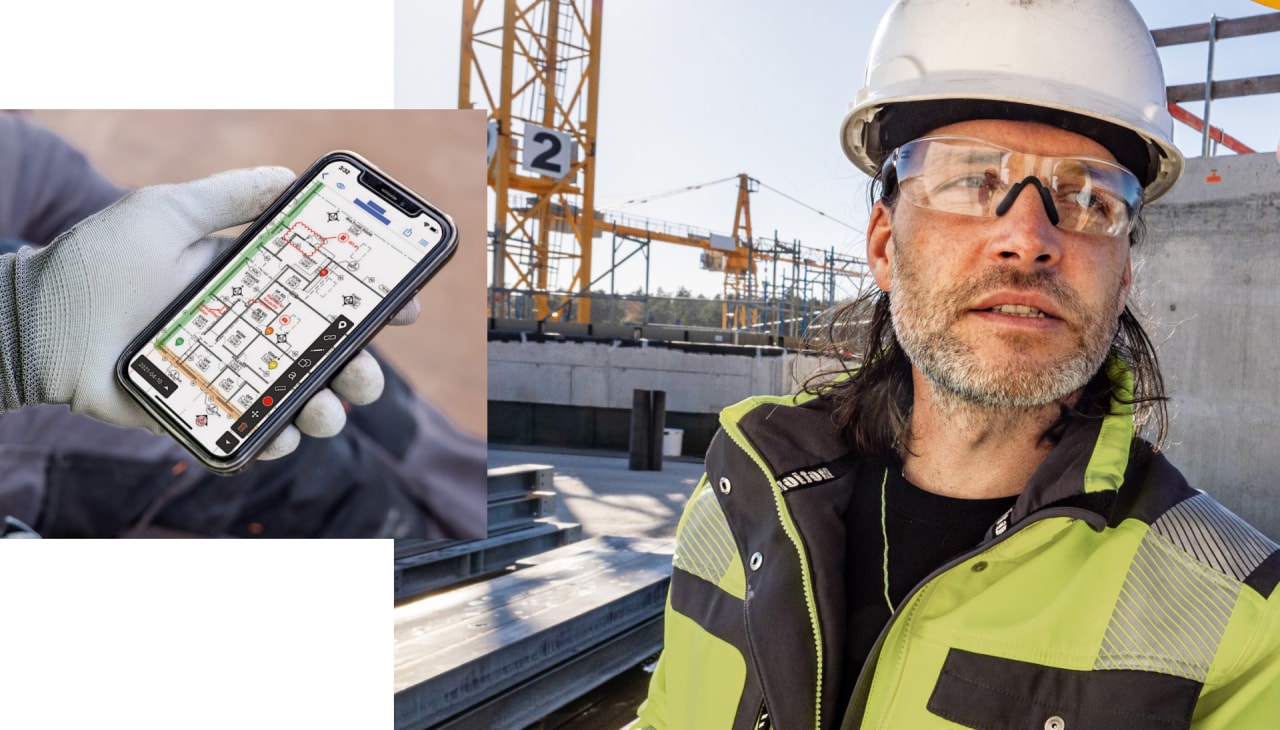 Zwei Bilder: Auf dem ersten Foto ist eine Hand in Handschuhen zu sehen, die ein Handy hält. Auf dem zweiten Foto sieht man einen Mann mit weißem Helm und Schutzbrille auf einer größeren Baustelle.