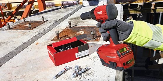 HST3 stud anchor, cordless impact wrench, adaptive torque module, compact battery, long socket