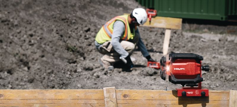 PR 40-22 Rotationslaser für Oberflächen mit Einfachneigung Robuste Außen-Rotationslaser-Wasserwaage mit automatischen Funktionen zum Nivellieren, Ausrichten, Neigen und Quadrieren über große Entfernungen (Nuron-Batterieplattform) Anwendungen 1